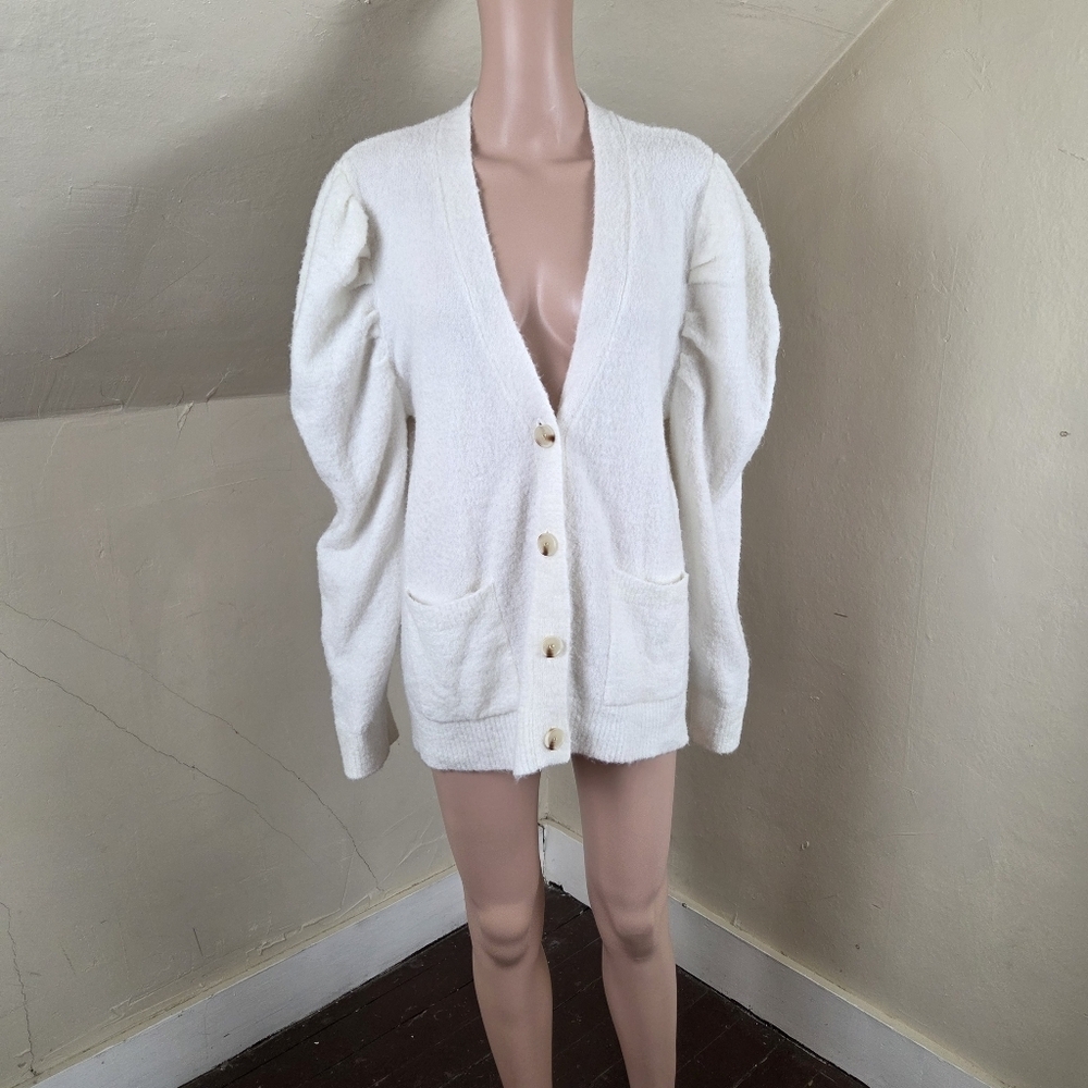 Tuckernuck Pippa Fuzzy Cardigan XL Ivory Mohair Wool Blend Puff Sleeve Button‎
